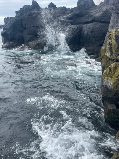 The image depicts a rocky coastal scene in Lagoa (Nossa Senhora do Rosário), Portugal, where waves are crashing against the rocks. The rocks are dark grey, with some areas covered in moss. The ocean is turbulent, with white foam and spray visible. The image is taken from an elevated perspective, looking down at the scene. The horizon is not visible. No people or objects besides the rocks and water are visible.