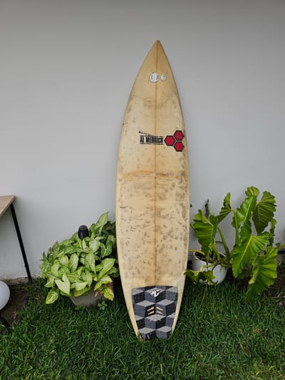 A surfboard rests horizontally on a gray surface, flanked by two potted plants and adjacent to a patch of green grass. The surfboard is characterized by a pointed nose and a black and gray patterned tail. A logo, featuring red hexagons and the name "AL MERRICK," is visible on the board. The plants are green with broad leaves, one in a white pot and the other in a darker, possibly gray, pot. The grass is a dense, even turf. The surface appears to be an outdoor area next to a building wall, possibly in the city of Santiago de Surco, Peru.