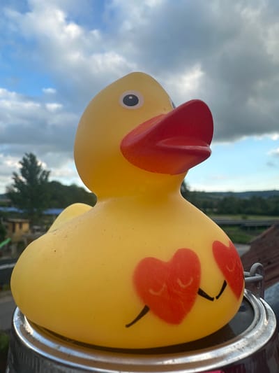 In Heinebach, Germany, a close-up, eye-level shot captures a yellow rubber duck with red hearts printed on its body. The duck is positioned in the foreground, with its head tilted to the right and its beak pointing upwards. The background features a cloudy sky with hints of blue, and a distant landscape with trees, buildings, and a road. The duck appears to be sitting on a silver metallic object.