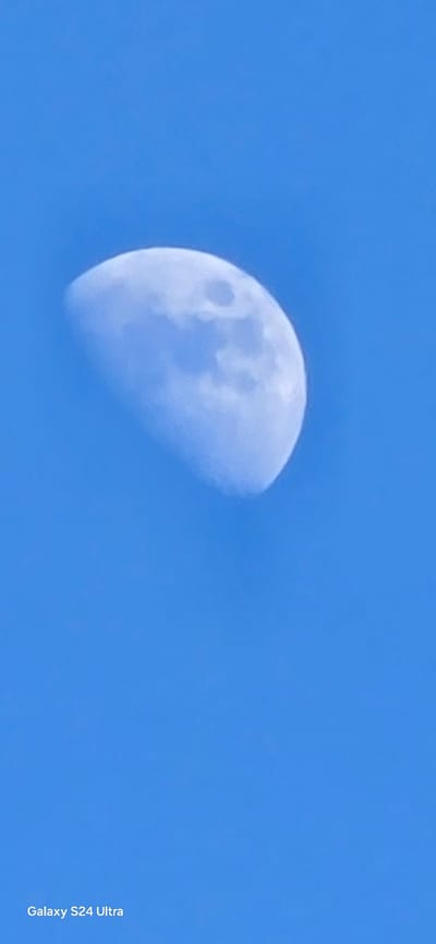 The image shows a waxing gibbous moon against a clear blue sky. The moon is the primary subject, positioned in the left half of the frame. Its surface details, including craters and maria, are visible, though somewhat soft due to atmospheric conditions or camera focus. The sky is a uniform, bright blue, suggesting it is daytime. The image is a photograph with a text watermark in the bottom right corner reading "Galaxy S24 Ultra", indicating the device used to capture the image. There are no people or other objects in the scene. The setting is outdoors, in what appears to be an open sky. The time of day is daytime, and the weather is clear.