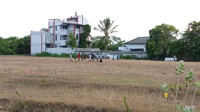 In Uteunreutoh, Indonesia, a group of young people are engaged in a soccer game on a dry, grassy field. A white building with a red trim and a distinctive tower is visible in the background on the left. To the right, a smaller white building with a grey roof is situated among lush green trees. A tall palm tree stands behind the players. Several motorcycles are parked near the buildings. The sky is overcast.