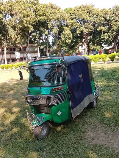 A bright green three-wheeled auto-rickshaw, identified by its 'CNG' label on the lower front, is parked on a short-cut grassy area. The vehicle features extensive chrome detailing on its front bumper, grille, and a decorative roof rack. Its front windshield is equipped with two wipers, and a Bangladeshi license plate, "সা-৫৬৩০", is affixed below the windshield. A blue and grey canvas cover, adorned with a golden bird emblem, hangs from the right side of the passenger compartment.
In the background, numerous tall trees with green foliage dominate the upper portion of the frame. Behind these trees and a low, light-colored hedge, a multi-story building with a light-colored facade and visible banners is partially observable. Manicured green shrubs are systematically arranged in the mid-ground, suggesting an organized landscape. The scene is illuminated by natural daylight, casting clear shadows. No individuals or active interactions are present. This scene is located in the city of Shibpur, Bangladesh.
