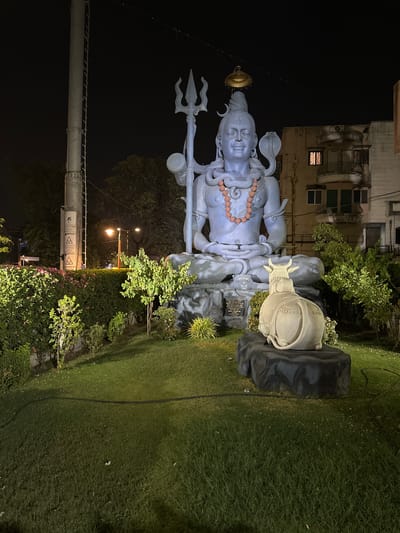 The image shows a statue of Lord Shiva with a Nandi bull in a garden at night. The statue is located in the city of Vadodara, India. It is illuminated and standing on a base surrounded by grass, bushes, and trees. A building is visible in the background. A utility pole is also visible.
