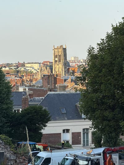This image captures a view of the city of Dieppe, France, dominated by the prominent structure of the Saint-Jacques Church in the background. The church, with its tall, ornate bell tower, stands out against the sky, its golden stone illuminated by the setting sun. In the foreground, the rooftops of Dieppe are visible, a mix of red-tiled and grey slate surfaces. Several brick chimneys punctuate the rooflines, some adorned with white seagulls perched on top.
The middle ground reveals more of the urban landscape, with buildings of varying architectural styles, some featuring red-tiled roofs and others with modern facades. Further in the distance, a cluster of taller, more contemporary buildings can be seen. The foreground is partially obscured by the lush green foliage of trees, framing the scene. Below the rooftops, in the lower part of the image, the top of a white van is visible, its roof equipped with orange warning lights. Next to it, the cabin of a blue tractor is partially visible, along with a red piece of machinery, possibly a crane, attached to another vehicle. The overall impression is of a city scene at dusk, with the silhouette of the church serving as a focal point.