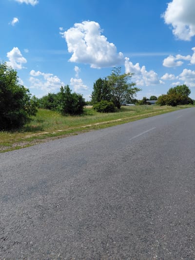 The image shows a paved road curving to the right, with a grassy shoulder and trees on the left. The sky is blue with scattered white clouds. In the background, there are more trees and some buildings, suggesting a rural or suburban setting. The road appears to be in good condition, with a single white line marking the center. There are no people or vehicles visible in the image. The scene is peaceful and bathed in sunlight. The location is the city of Hoholeve, Ukraine.