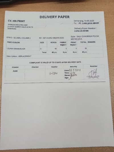 The image shows a delivery paper for CV. HN Print, located at Kawasan Industr Candi, Jl. Gatot Subroto Blok 20 no 10, Semarang, Indonesia. The delivery paper is for PT. Luigi Jaya Abadi, with a delivery paper number of LUGI-25-00186. The delivery is for 65 pieces of "Baju Olahraga Polda Metro Jaya", with a "size B", and includes a "Replacement" description. The delivery is confirmed by "Alwi" as the creator and "Wishv" as the courier, with "Adam" as the security who signed the paper at 14.58 on 14.05.2025.  "Tria" is listed as the receiver. The delivery paper was received at the location indicated by the coordinates (-7.01, 110.364), which is located in the Kecamatan Ngaliyan district of Semarang, Indonesia. The paper is a standard white paper with a handwritten form filled out in black ink.
