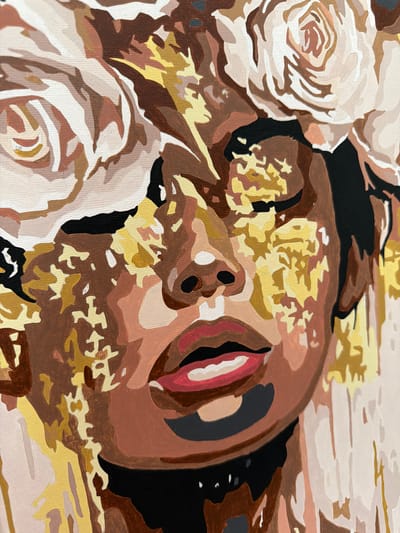 The image is a close-up, stylized portrait of a person with dark skin, their eyes closed. They are adorned with large, pale roses that frame their face, partially obscuring their features. The artwork is characterized by bold, flat areas of color, suggesting it might be a painting by numbers or a similar artistic technique. The color palette is dominated by warm earthy tones, including various shades of brown, gold, and pale pink, interspersed with stark white and black accents. The background is a soft, pale pinkish-beige. There is no discernible location in the city of Semiluki, Russia, visible in the image.