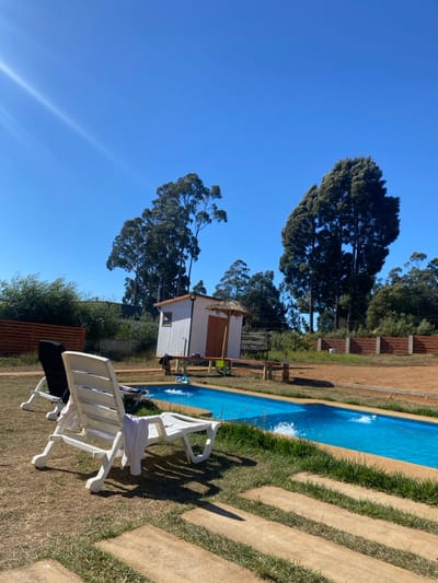 A landscape displays a blue swimming pool with fountains, flanked by concrete slabs and grassy areas. White lawn chairs rest near the pool. A small white building with a thatched roof sits in the background, adjacent to tall trees against a clear blue sky. A wooden fence borders the area. The image is rotated counterclockwise.