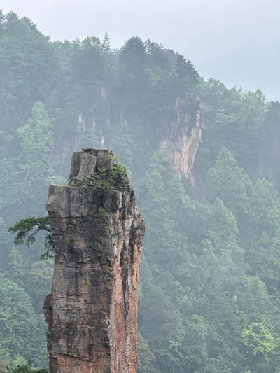 The image depicts a dramatic natural rock formation, specifically a narrow, overhanging cliff, possibly part of a pillar or promontory. The scene is set in a mountainous region with dense, green vegetation, suggesting a forested landscape. The atmosphere appears misty or foggy, obscuring the background mountains. The cliff face has multiple layers and textures, including some vegetation.