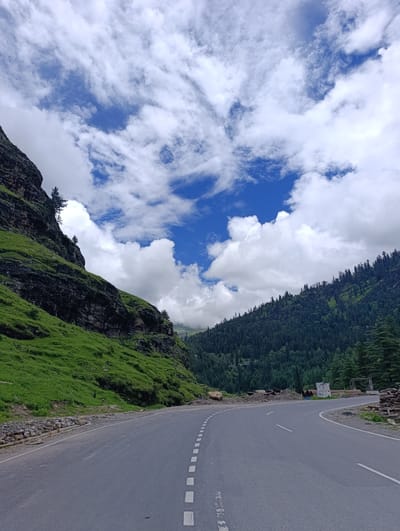 The image depicts a winding asphalt road cutting through a mountainous landscape. On the left, a steep, rocky cliff is covered in lush green grass and dotted with a few evergreen trees. The road curves away from the cliff, leading towards a dense forest of dark green pine trees on the right side of the frame. The sky above is a vibrant blue, filled with dramatic, billowing white clouds. The scene appears to be a natural mountain pass, likely a scenic route in the Himalayas, given the description of Palchan, India. There are no people or specific objects that indicate human activity beyond the road itself and some scattered debris on the roadside in the distance.