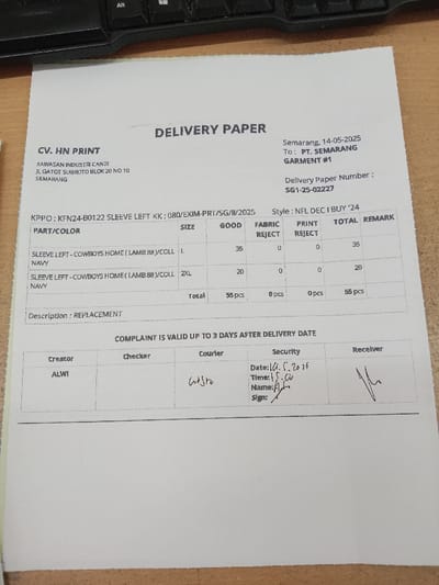The image shows a delivery paper from CV. HN Print, located at Jl. Gatot Subroto Blok 20 No 10 in Semarang, Indonesia. The document is dated 14-05-2025 and is addressed to PT. Semarang Garment #1, with a delivery paper number of SG1-25-02227. The document details a delivery of 55 pieces of NFL DEC I BUY '24 sleeves in size L and XL, with 35 good pieces in size L and 20 good pieces in size XL. There were no fabric or print rejects. The document is signed by the creator, ALWI, the checker, the courier, and the security personnel. The receiver's signature is also present on the document. The delivery is marked as a replacement. The document states that complaints are valid up to 3 days after the delivery date. The security personnel recorded the date as 14.05.2015 and the time as 17.00. Their name is  recorded as "A.m." and the signature is a handwritten "A". The coordinates provided (-7.01, 110.364) correspond to a location in the city of Semarang, which is in the province of Central Java, Indonesia.  This document is not specifically connected to Kecamatan Ngaliyan, which is a district within the city of Semarang.