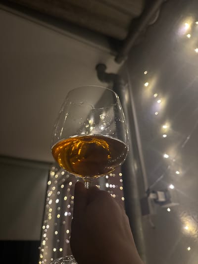 The image shows a close-up, low-angle shot of a hand holding a wine glass filled with a golden-amber liquid, likely wine or a spirit. The glass is slightly misted with droplets on the exterior. In the background, a string of bokeh lights creates a festive or atmospheric ambiance. The scene appears to be indoors, possibly in a bar, restaurant, or home, with a ceiling visible in the upper portion of the image. The lighting is dim, with the primary illumination coming from the string lights and reflecting off the liquid and glass. There is no discernible information within the image to indicate the location is specifically in Höhenkirchen-Siegertsbrunn, Germany.