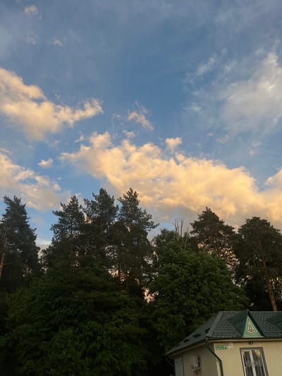 The image shows a view looking upwards, featuring a blue sky with scattered white clouds. Along the right side of the frame, there are trees with green foliage and a portion of a building. The building is light-colored, with windows, a green roof, and what appears to be a sign that reads "ул. Кирова, д. 15." The location is Васильево, Russia. There are no people visible in the image.