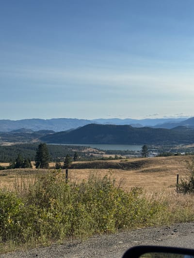 The image captures a panoramic view of a valley landscape near Lake Country, Canada, under a clear blue sky with sparse, wispy clouds. The foreground is dominated by a rough gravel road surface, partially visible in the bottom right corner, and dense, green foliage with dry, brown grasses and brush. A wooden fence post stands prominently in the middle ground.

Beyond the foreground, rolling hills covered in dry, golden grasses stretch out. A dense forest of dark green coniferous trees covers the slopes of the hills. In the mid-distance, a serene lake is visible, reflecting the sky and surrounding landscape. The far distance is characterized by layers of progressively faded blue mountains, creating a sense of depth and vastness. A small settlement or town is nestled near the lake, indicated by scattered buildings and structures. The overall scene depicts a natural, semi-arid environment with signs of human habitation.