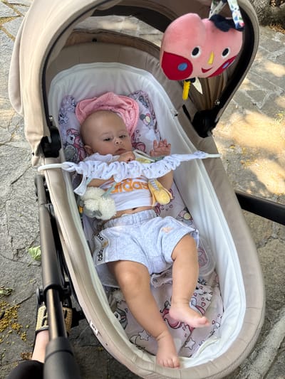 This image shows a baby lying in a stroller in Bachkovo, Bulgaria. The baby is wearing a light-colored t-shirt and grey shorts. The stroller has a beige exterior and a white interior, and is placed on a stone pathway. A pink plush toy with red and blue accents is attached to the stroller's handle, and a yellow toy is also visible. A blanket with a unicorn and star pattern is under the baby, and a pink cloth is draped around the baby's head. The baby appears to be looking upwards, with a neutral expression. The sun is shining, casting shadows on the ground, suggesting it is daytime. The stone pathway and surrounding foliage indicate an outdoor setting, likely in a park or garden. There is text visible on the baby's clothing, reading "adidas".
