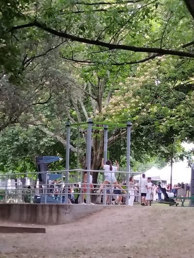 The image depicts an outdoor recreational area, likely a park or playground, with several people present. In the foreground, a person in a white top and light-colored shorts is captured mid-air, appearing to be jumping or swinging from a metal structure. This structure, with horizontal bars and vertical supports, is characteristic of playground equipment. A metal railing separates this area from a concrete embankment in the lower part of the frame.
In the middle ground, a group of individuals are seen interacting near the playground equipment and along a pathway. Some are standing, others are walking or observing. A person in a white t-shirt and shorts is prominent among them, as are others in casual attire. In the background, white tents are visible, suggesting an event or market is taking place. The environment is dominated by lush green trees, with some bearing white or light-colored blossoms, indicating a temperate climate, possibly spring or early summer. The overall impression is of a public gathering in a green, open space. Based on the context provided by the user about the location, this scene is likely in Vila Nova de Famalicão, Portugal.