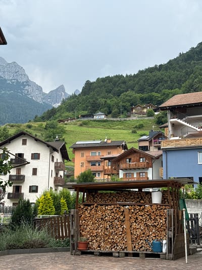 A vertical outdoor shot captures a collection of rustic wooden structures and a white house, nestled against a backdrop of lush green mountains under a cloudy sky. In the foreground, a neatly stacked pile of chopped firewood is housed under a wooden lean-to. To the right of the firewood, a blue watering can sits atop a wooden platform.

Beyond the firewood storage, the white house stands prominently, featuring multiple balconies with wooden railings and dark-colored shutters on its windows. A brown-tiled roof caps the house. Adjacent to the white house, a tall orange building with a tiled roof and balconies is visible. Further in the background, several other residential buildings can be seen, with one painted blue.

The scene is set on a slope, with a verdant, grassy hill extending towards the imposing, rocky mountains in the distance. The sky is overcast, suggesting a potentially damp or cool day. The presence of the firewood and the houses indicates a residential area, likely a village or a collection of homes in a mountainous region. The overall impression is one of a quiet, rural European setting. No people are visible in the image, and there is no visible text. The time of day appears to be daytime, given the ambient light.