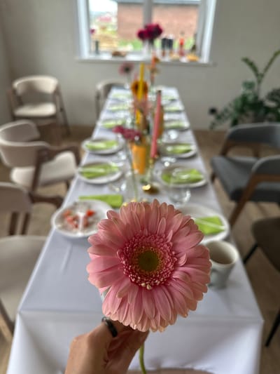 A hand holds a pink gerbera daisy in the foreground, obscuring part of a white-clothed table set for a meal. The table is laid with white plates, some containing small portions of food, and green napkins. Several chairs surround the table, some light beige with wooden accents, and others dark gray. In the background, a window looks out onto a brick building and greenery. A potted plant sits near the window. The setting appears to be an indoor dining area, possibly a restaurant or home, in Мокино, Russia.