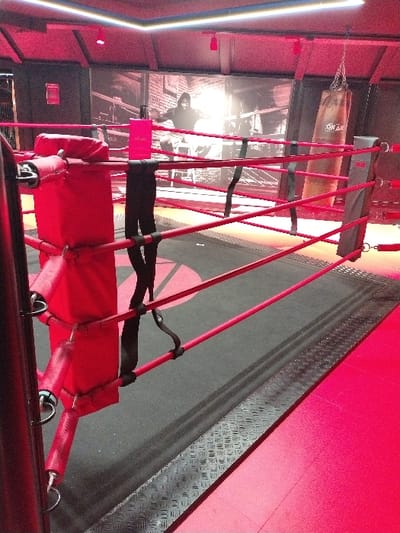 The image depicts an indoor boxing gym located in Clermont-Ferrand, France. The environment is characterized by intense red ambient lighting, augmented by a linear white/blue ceiling light fixture. A boxing ring occupies the foreground and midground, featuring four visible red ropes, red padded corner posts, and a black canvas floor with a central red circular logo. The area surrounding the ring, including the foreground floor, is red, with a transition from the ring's black mat to the red floor via a diamond plate metal strip. In the background, a brown punching bag, bearing the partial text "ON AM," is suspended. A large, monochromatic mural on the rear wall portrays a boxer within a ring. A small, pink rectangular object, possibly a sign, is affixed to one of the red ring ropes in the foreground. No individuals are present or engaged in activity within the depicted scene.