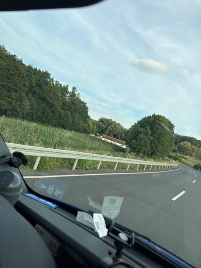 The image shows a view from inside a vehicle traveling on a paved road with a white dashed line and a solid white line marking the lane. The road curves to the right, bordered by a metal guardrail on the left and a grassy embankment with trees beyond. A few buildings, possibly houses, are visible in the distance on the left side of the road, set against a backdrop of dense green trees and a partly cloudy sky. The foreground shows the dashboard of the vehicle with various items attached, including a suction cup mount. The setting appears to be a rural or suburban area. The location is identified as being in Niederwetz, Germany.