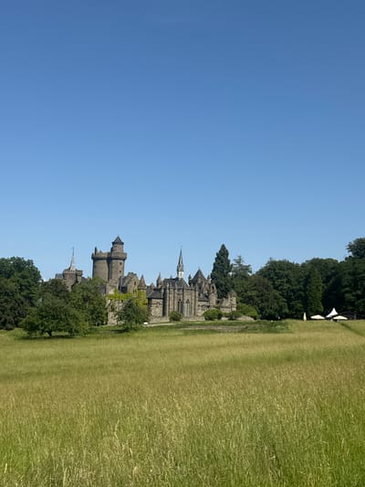 The image shows a picturesque view of Löwenburg Castle in Kassel, Germany, set against a clear blue sky. The castle, a prominent landmark, features multiple towers and intricate architectural details, with lush green trees surrounding it. In the foreground, a vast field of tall, golden-brown grass stretches towards the castle. The overall scene conveys a sense of historical grandeur and natural beauty on a bright, sunny day.