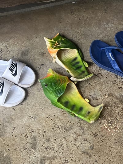 The image displays an arrangement of footwear on a textured concrete surface in Tambon Ban Tai, Thailand. In the lower-left, a pair of white Nike slides is positioned with the "NIKE" logo visible in black on the strap of each slide. To their right, two distinct fish-shaped slide sandals, primarily green with orange accents and black markings resembling fish scales and patterns, lie on the ground with their "mouth" ends oriented towards the top-right. In the upper-right, a single blue flip-flop, partially cropped, is visible, featuring the word "DAGUO" on its strap. The ground is a light grey-beige concrete, exhibiting fine cracks, minor wear, and some darker, irregular stains. A darker, indistinct band runs along the upper edge of the frame. No individuals or active interactions are depicted; the items are stationary.