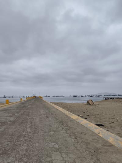 A wide-angle view captures a long, weathered concrete pier extending into the sea under a completely overcast, gray sky. The pier, with its faded yellow-painted edges, dominates the left and central foreground, showing extensive cracks and worn patches on its surface. To the right, a sandy beach parallels the pier, featuring scattered debris, a large, tilted concrete block, and, in the distance, a small, dilapidated wooden structure where several birds are perched.
In the mid-ground, numerous ships, likely fishing or cargo vessels, are dispersed across the water, lining the distant horizon. Behind these vessels, faint outlines of hazy mountains or hills mark the coastline. A few indistinct figures of people are visible further down the pier in the distance. A small, dark speck, possibly a bird, is visible high in the central sky. The scene is illuminated by daylight but lacks direct sunlight due to the heavy cloud cover, creating a muted and somewhat somber atmosphere. This coastal setting depicts a port area, consistent with Chimbote, Peru. No visible text is present in the image.