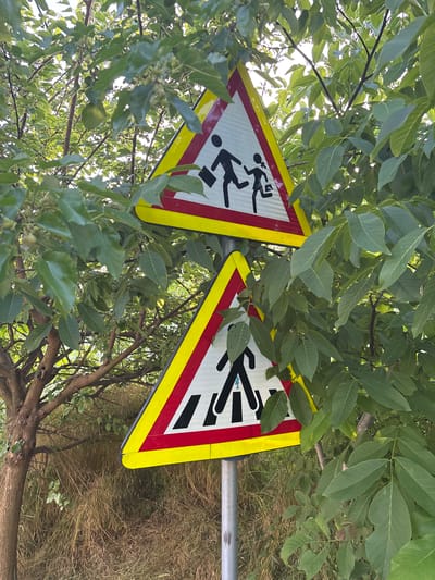 The image shows two triangular warning signs, each with a yellow border and a red stripe along two edges. The top sign depicts two silhouetted figures, a boy and a girl, running, with the boy carrying a book bag. The bottom sign shows a silhouetted figure walking across a crosswalk. Both signs are mounted on a metal pole and are partially obscured by green foliage from trees. The background consists of dry grass and tree trunks. The setting appears to be a roadside or park area. Based on the provided information, this scene is located in Strășeni, Moldova.