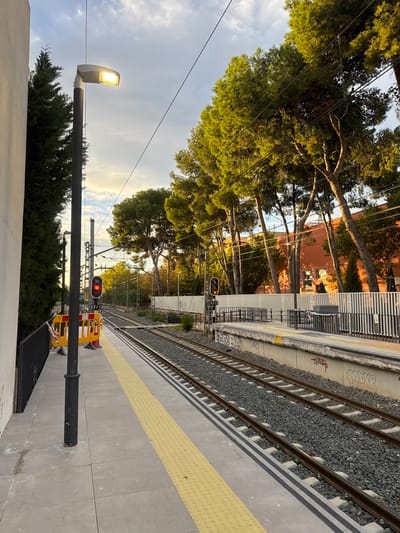 The image depicts a static scene at a train or tram station in Picanya, Spain, captured during late afternoon or early evening under a partly cloudy sky. The foreground features a concrete platform on the left, equipped with a yellow tactile paving strip and a black lamppost that is actively illuminated. Along the left edge of this platform, a black metal fence borders dense evergreen foliage and a light-colored building. Further along the platform, yellow and red striped safety barriers are visible.

Two parallel railway tracks, ballasted with gravel, run through the center of the frame, converging towards the background. Overhead electrical lines (catenary system) are present above the tracks. A signal pole on the left track displays a red light, marked "S2 / 1," while a corresponding signal pole on the right track shows a yellow/amber light, also marked "S2 / 1."

To the right of the tracks, an opposing concrete platform is visible, featuring a metal railing and graffiti on its concrete base, including text such as "FENOIA" and "CMGK." A dark-colored waste receptacle is located near the railing on this platform.

The background is dominated by a row of tall, green pine trees, brightly illuminated by the setting sun. Behind the trees, an orange-red building with visible windows is present. A white fence separates the tracks from the background foliage and structures. No individuals are depicted in the scene.