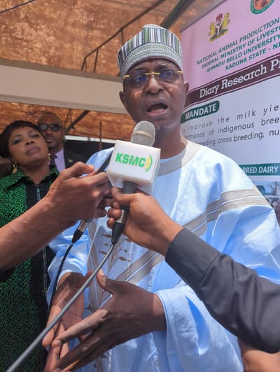 A bright, daytime outdoor scene captures a man speaking into microphones, likely at a press conference or public address. The main subject, a dark-skinned man, wears a light blue traditional Nigerian outfit with gold-colored embroidery and a striped cap, along with glasses. He appears to be speaking passionately, with his mouth open. Several hands, also dark-skinned, hold microphones and cables towards him. One microphone prominently displays "KSMC".

Behind the speaker, a large pink and white banner serves as a backdrop, providing context for the event. Visible text on the banner includes "NATIONAL ANIMAL PRODUCTION," "FEDERAL MINISTRY OF LIVESTOCK," "AHMADU BELLO UNIVERSITY," and "KADUNA STATE - NIGERIA," suggesting an agricultural or livestock-related event in Nigeria. A section labeled "MANDATE" outlines goals "To improve the milk yield," "performance of indigenous breeds," and mentions "breeding, cross breeding, nutrition."

Partially visible in the lower left corner are other individuals, including a woman with dark hair and earrings, wearing a green patterned top, and a man with sunglasses in the background. The lighting is bright and clear, indicating a sunny day. The overall scene suggests a formal public engagement related to livestock and dairy research in Nigeria.