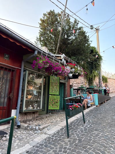 The image captures a street scene in Sarajevo, Bosnia and Herzegovina, likely in the Baščaršija district, characterized by its cobblestone streets and traditional architecture. On the left, a shop with a red facade displays ornate metalware in its storefront window. Hanging baskets overflowing with vibrant pink petunias adorn the building's awning. Adjacent to the shop, a green display board showcases numerous small pendants or charms.
The street itself is paved with dark grey cobblestones, creating a textured, uneven surface. A metal railing, painted dark green, lines the edge of the sidewalk in the foreground.
Further down the street, to the right, a small cafe or seating area is visible. Two young women are seated at a table, engaged in conversation. One woman, wearing a light blue tank top and skirt, is looking towards the other. The second woman, wearing a white top and patterned skirt, is also looking at her companion.
In the background, more tables and chairs are set up, with a few other patrons seated. One man, wearing a white t-shirt and dark trousers, is seated at a table, looking away from the camera. The buildings are constructed with stone and have ivy growing on their walls. Strings of bare light bulbs and small flags are strung across overhead wires, adding to the ambiance. The sky is a clear, pale blue. The overall atmosphere suggests a leisurely afternoon in a historic urban setting.