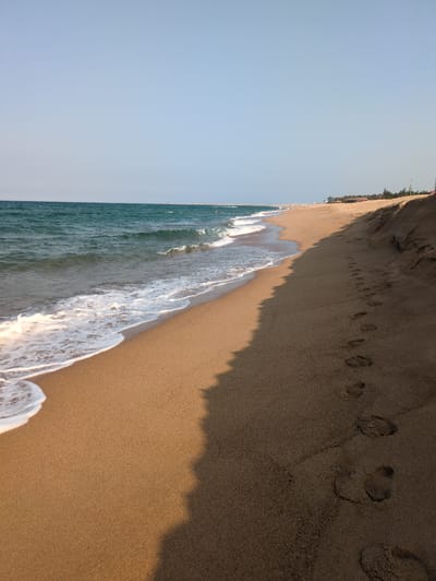 The image depicts a beach scene in Tuy Hòa, Vietnam. The scene is divided between the blue sky and ocean on the left and the sandy beach on the right. The ocean waves are crashing onto the shoreline, creating a foamy white border against the tan sand. Footprints are visible in the sand, indicating recent activity. The upper part of the beach transitions into a darker, coarser sand, likely leading to dunes. In the far distance, indistinct structures and vegetation suggest the edge of the city.