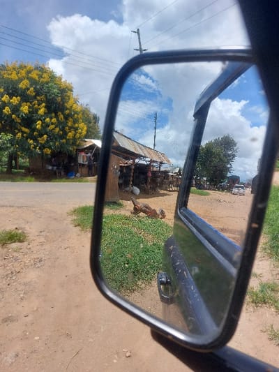 The image displays a roadside scene in Kimamba, Tanzania, captured from within a vehicle, encompassing both a direct view through a window and a reflection in the vehicle's side mirror.
**Direct View:** On the left, a large tree dense with yellow blossoms stands beside an unpaved dirt road. Beyond the road, a series of rudimentary market stalls with corrugated metal roofs are visible. Multiple individuals are present near these structures. A utility pole with power lines extends into a partially cloudy blue sky. The immediate ground consists of compacted dirt.
**Side Mirror Reflection:** The mirror shows a segment of the dark blue vehicle exterior, including a black door handle. Reflected beyond the vehicle is a green grass patch where a fowl with reddish-brown plumage lies on its side on the bare ground. Other white fowl are also visible in the vicinity. Further in the reflection are additional market stalls, people, and in the distance, vehicles and structures under the same sky and utility lines.