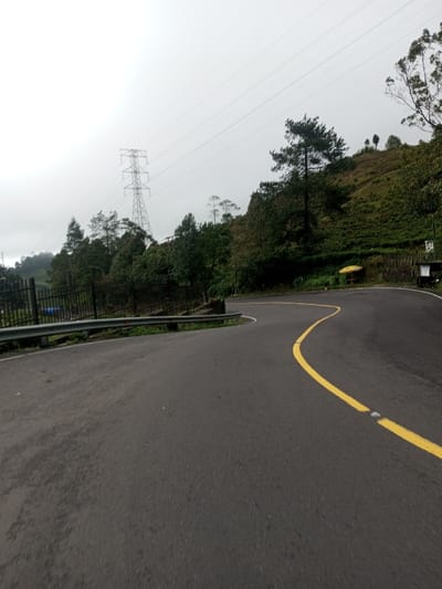 The image displays a winding asphalt road situated in Bangtsho, Bhutan, under an overcast sky. The dark grey road features a continuous yellow centerline that sharply curves to the right from the foreground, punctuated by white road reflectors. A silver-colored metal guardrail lines the left side of the road, behind which a black metal fence is visible. On the distant left hillside, a large grey lattice power transmission tower stands, supporting multiple overhead power lines that extend across the upper portion of the frame. The terrain consists of steep, green hillsides covered with dense vegetation, including various trees and shrubs, with one prominent pine-like tree on the right. A small, bright yellow, mushroom-shaped structure is positioned on the right side of the road against the embankment, next to a dark, rectangular object. No individuals, vehicles, or animals are present in the scene.