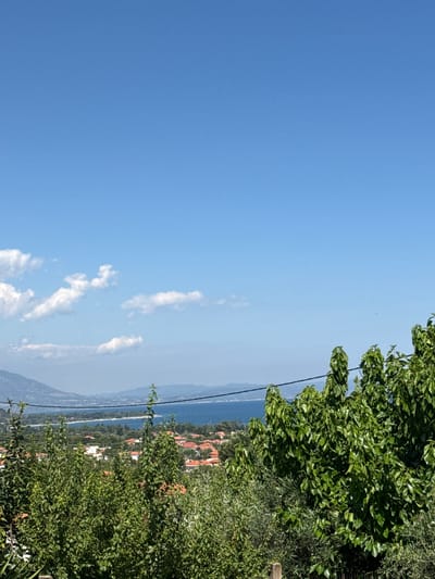 The image captures a scenic view of Asprovalta, Greece, dominated by a vast expanse of clear blue sky. A few scattered white clouds are visible towards the horizon. Below the sky, a tranquil blue sea stretches out, meeting a distant mountainous coastline. The middle ground is filled with a charming cluster of buildings, identifiable by their characteristic orange-tiled roofs, nestled amongst lush green trees. In the foreground, dense green foliage, primarily leafy trees and some olive trees, partially obscures the view of the town and the sea, with a power line running horizontally across the frame. The overall impression is a serene summer day in a coastal Greek town.