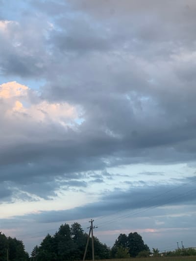 The image displays an outdoor scene in Bratkivtsi, Ukraine, observed under twilight conditions. The sky, occupying the upper two-thirds of the frame, is largely overcast with a mixture of dark grey, light grey, and bluish-white cloud formations. Glimpses of lighter blue sky are visible through cloud breaks, particularly in the upper left and lower right. A distinct, pale pinkish-orange hue is present on a cloud in the upper left quadrant. The lower third of the image reveals a horizontal band of dense, dark green deciduous trees and foliage. To the right of the trees, an indistinct area of lighter, possibly overgrown, ground is visible, extending towards a distant horizon line where faint white structures are barely discernible. A dark brown wooden utility pole with multiple cross arms and insulators stands prominently in the lower-center, originating from behind the treeline. Several taut, dark-colored electrical wires extend horizontally from this pole across the lower portion of the frame. No individuals or animate subjects are present.