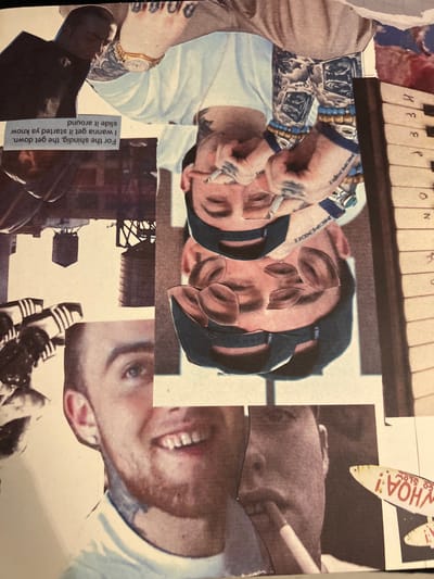 This is a collage featuring multiple images of Mac Miller. There are superimposed faces and close-ups of his features. Some images show him smoking and wearing jewelry. Snippets of text are included, such as "WHOA! GO SLOW" and song lyrics. There's also a keyboard image at the top and a picture of Adidas shoes. The overall feel is artistic and fragmented.