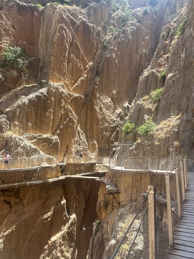 The image captures a dramatic scene along a narrow pathway built into the side of a sheer rock face. The pathway, made of wooden planks and metal grating, clings precariously to the cliff, creating a sense of height and exposure. Two individuals are visible on the pathway, appearing as small figures against the immense scale of the natural rock formation. One person is further up the path, seemingly walking, while another is near the bottom, also in motion.
The setting is a rugged gorge or canyon, characterized by the textured, layered rock that dominates the frame. Patches of vegetation, small trees and shrubs, are growing out of crevices in the rock, adding touches of green to the otherwise earthy tones of the cliff. The sunlight casts strong shadows, highlighting the uneven surfaces of the rock and the intricate details of the pathway's construction. The time of day appears to be daytime, with bright sunlight indicating clear weather. The overall impression is one of adventure and an appreciation for natural beauty, with the pathway serving as a man-made element that allows for exploration of this imposing landscape. The location context of Antequera, Spain, suggests this might be part of a famous hiking trail known for its dramatic scenery. No visible text is present in the image.