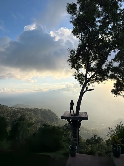 A person stands on a wooden platform attached to a large tree, overlooking a misty valley in Abang, Indonesia. The platform is elevated, and a ladder leads up to it. The tree's branches extend upwards, silhouetted against a sky filled with dramatic clouds and a hazy sun. The valley below is covered in lush green vegetation and dotted with small villages. The overall scene suggests a serene and awe-inspiring natural landscape.