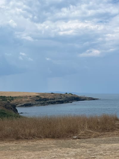 A vertical, outdoor, eye-level shot captures a rugged coastal landscape under a cloudy sky. In the foreground, dry, brown grasses and a sandy path dominate the lower portion of the frame. Beyond this, a rocky, dark grey coastline juts out into the calm, blue sea. The land rises gently behind the rocks, covered in dry, golden-brown vegetation. In the distance, the land tapers off into the sea, with faint hills visible on the horizon. The sky is filled with a thick layer of grey and white clouds, with hints of blue peeking through. There are no people or discernible animals in the image. The scene is one of natural, untamed beauty, typical of the Bulgarian Black Sea coast near Lozenets.