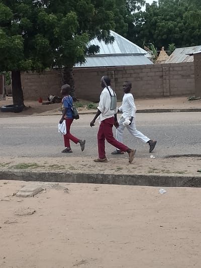 Three male children are walking along a paved road in Biliri, Nigeria. They are walking on the left side of the road, facing the camera's perspective. The first child wears a blue shirt, maroon pants, and sandals. He carries a bag on his back and a white cloth in his hand. The second child wears a white shirt and maroon pants, and the third child wears all white. Both wear sandals. A low concrete wall and a sandy area are on the right side of the road. On the left, a brick wall surrounds a property with trees and buildings with metal roofs.