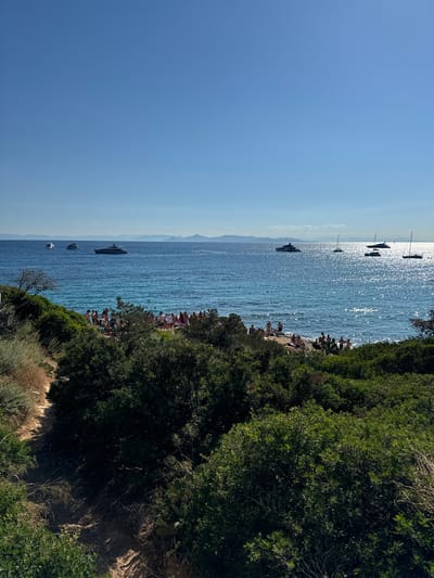 A scenic view of a coastal area in Vouliagmeni Municipal Unit, Greece, captures a sunny day at the beach. The foreground is dominated by lush green vegetation, with a dirt path winding through the foliage. Beyond the greenery, a crowded beach with numerous people enjoying the sun and sea is visible. The turquoise waters of the sea are dotted with several boats and yachts, and distant mountains form the horizon under a clear blue sky. The sun's reflection creates a shimmering effect on the water's surface.