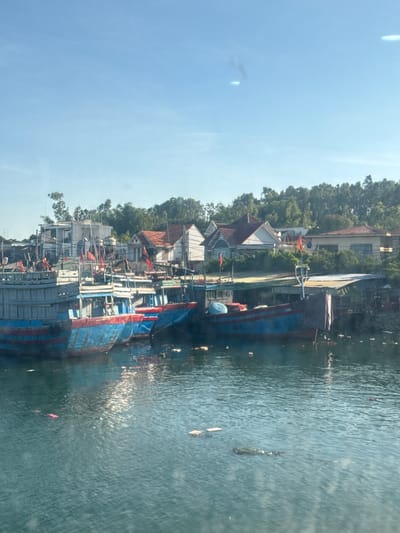 The image depicts a fleet of blue and red fishing boats docked along a waterfront in An Hải, Vietnam. The boats are moored side-by-side, with their bows facing the viewer. Many of the boats are adorned with small red flags. The background shows a dense line of trees and vegetation behind a row of houses with red-tiled roofs. The water in the foreground is a deep blue-green and appears somewhat murky, with scattered pieces of debris floating on the surface. The sky is a clear, pale blue with a few faint streaks of light.