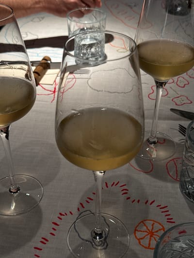 The image captures an indoor dining table scene in Vracar Urban Municipality, Serbia. Three clear stemmed glasses, each containing a pale yellow liquid consistent with white wine, are positioned on a light-colored linen tablecloth. The tablecloth is embroidered with a pattern of red dashed lines, abstract red outlines, and an orange, spoked circular design. A central wine glass is prominently displayed, largely full. A second wine glass is partially visible on the far left, also containing liquid, and a third is partially visible on the right, containing a lesser amount of liquid. Two clear, cut-glass tumblers are present: one in the mid-background and another partially visible in the lower right. In the upper background, human hands are visible, one resting on the tablecloth near a horizontally placed knife with a wooden handle and several small, light-colored rectangular items. A silver fork is partially visible to the right of the central wine glass. Shadows from the glassware are cast onto the tablecloth, indicating an overhead light source.