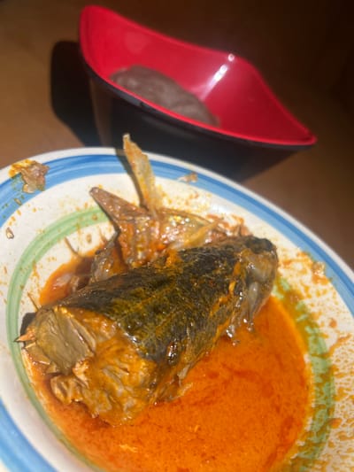 This image depicts a meal served in Egbe, Nigeria. In the foreground, a white bowl with blue and green striped rim patterns contains a large portion of cooked fish, possibly catfish, immersed in a bright orange-red sauce. Skeletal elements, including fins, are visible on the fish. In the background, out of focus, a red and black stylized bowl holds a single, dark, oblong mass, consistent with a Nigerian 'swallow' food item. The setting appears to be indoors with subdued lighting. No individuals are present in the frame.