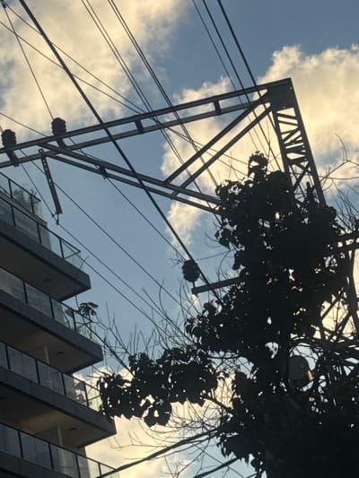The image shows a low-angle view in Givatayim, Israel, capturing architectural and infrastructural elements against a partially cloudy sky. In the foreground, a section of a building with a sawtooth roofline is visible. The structure is modern, likely composed of glass and metal. Overlapping and partially obscuring the building is a complex framework of metal pylons and electrical wires. These pylons seem to support electrical infrastructure with insulators visible at points where wires attach. A tree branch or vine covered with leaves, appearing as a dark silhouette, is interspersed amongst the wires. The background is a cloudy sky with light blue patches.
