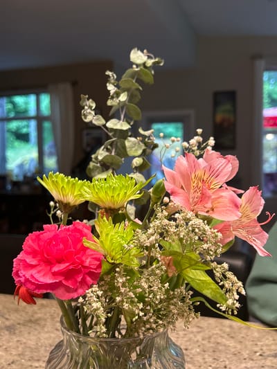 A bouquet of flowers sits on a speckled countertop, likely made of granite or quartz. The bouquet includes light pink alstroemeria with reddish-brown speckles, white baby's breath, green pompom chrysanthemums, eucalyptus leaves, and a bright pink carnation. The flowers are arranged in a clear, textured glass vase.
The background is softly blurred, revealing elements of an interior space. There is a window with a view of greenery outside, suggesting a garden or natural setting. Other details include wall hangings and partial views of furniture.
The image does not suggest that the location is in Whistler, Canada.