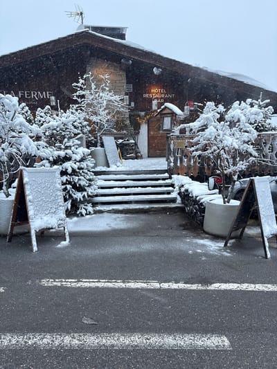 The image depicts the snow-covered exterior of "Hôtel Restaurant Bar La Ferme" in La Clusaz, France, during active snowfall. The building, constructed with dark wood and stone elements, features a steep, dark-toned roof with an antenna. The illuminated sign "HÔTEL RESTAURANT BAR" is visible in orange script on the right side of the facade, while "LA FERME LA CLUSAZ" is visible on the left.

A set of snow-covered steps leads to the main entrance, which is adorned with festive string lights and wall-mounted lanterns. Surrounding the entrance and along the front of the building are numerous evergreen trees and deciduous shrubs, all heavily blanketed with fresh snow. Planters, also covered in snow, contain small trees. A stacked pile of logs, partially obscured by snow, is visible near the steps on the right. Two A-frame chalkboards, completely covered in snow, stand on the pavement in the foreground, one on the left and one on the right.

The asphalt road in the foreground is dusted with light snow, revealing two white painted lines, possibly indicating a pedestrian crossing or parking zone. The ambient light suggests an overcast day. No individuals or active vehicles are present in the scene.