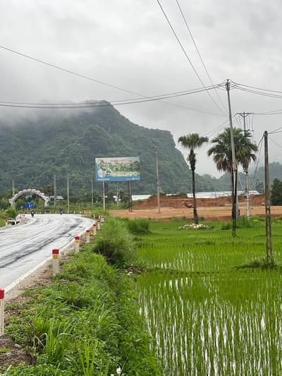 A wet, paved road curves through a rural landscape under an overcast sky. To the left, a green mountainside covered in trees recedes into the mist. A large billboard stands near the road, displaying images of a tourist area. An archway with Vietnamese text marks an entrance to a road on the left. Two motorcycles are visible on the wet road, each with a rider. In the foreground and to the right, a lush green rice paddy field is flooded with water. Several palm trees are scattered throughout the scene, and utility poles with numerous wires are present. The ground next to the road is covered in green vegetation and soil. White and red posts line the edge of the road. The overall atmosphere is damp and somewhat hazy, suggesting recent or ongoing rain.