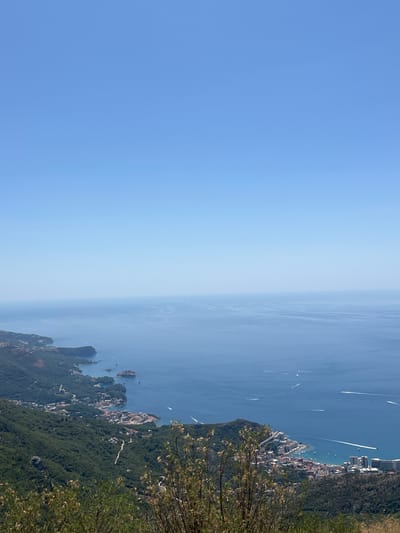The image depicts a wide, elevated view of the Adriatic Sea and the coastline near Brajici, Montenegro. The sky is a clear, pale blue, stretching across the upper portion of the frame. The sea below is a deep, calm blue, with a hazy horizon. Several small boats and their white wakes are visible as scattered white lines on the water.
The coastline features a lush, green, mountainous terrain densely covered with trees. Along the coast, nestled within the greenery, are clusters of buildings, indicating a town or city. Some of these buildings appear to be modern hotels and residential structures, while others have a more traditional red-tiled roof appearance. Roads, some winding and narrow, are visible snaking through the hills and leading down to the populated areas by the sea. In the foreground, the tops of dry, light-colored bushes and trees are visible, framing the expansive vista. The overall scene is one of a sunny day, likely in late spring or summer, with a prominent coastal town situated against a backdrop of natural beauty and the vast sea.
